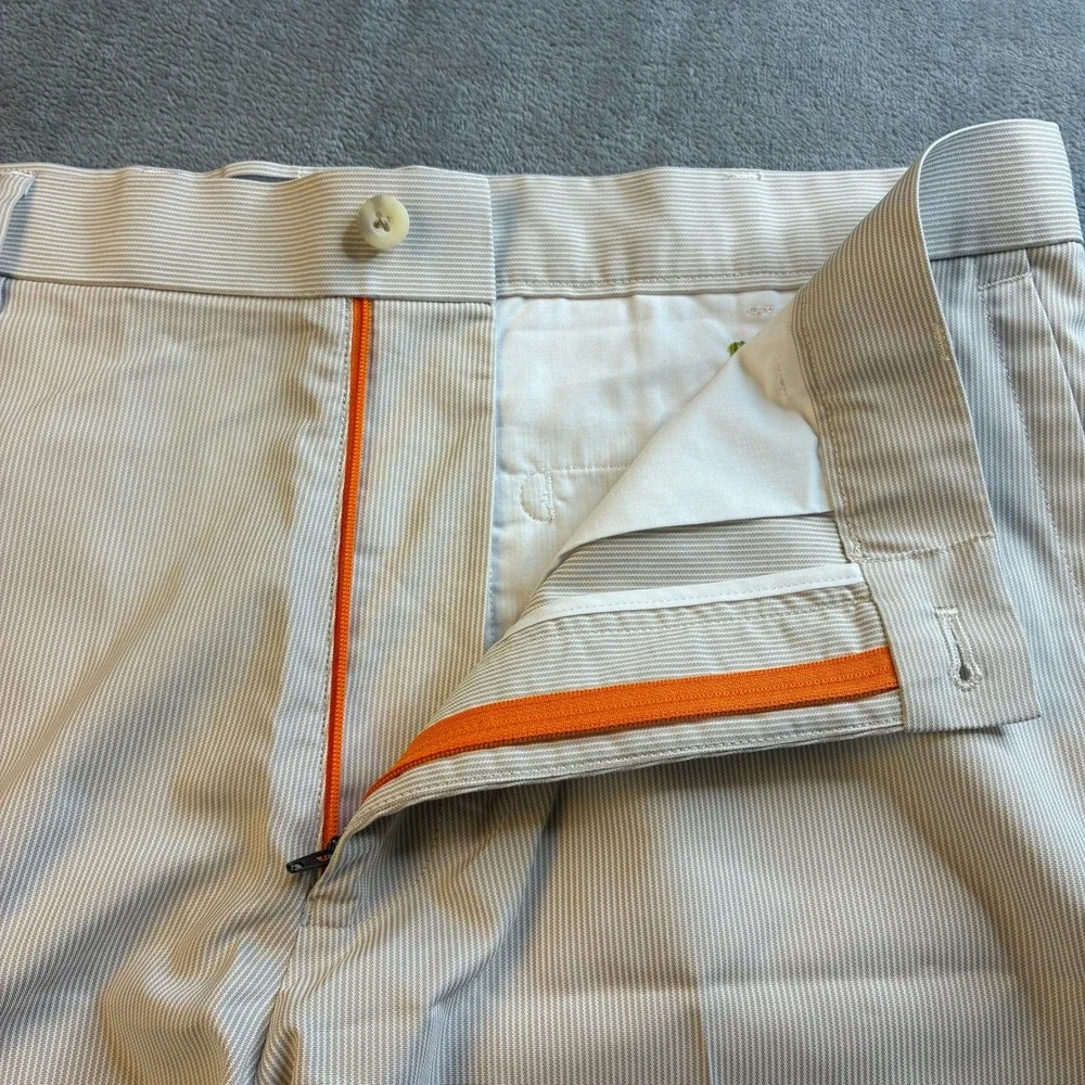 Peter Millar Mens 36 Crown Sport Wicking Golf Shorts Tan White Micro Stripe 9in